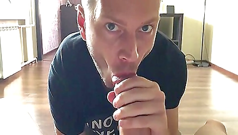 Busty brunette with big booty gives a deep blowjob to a guy