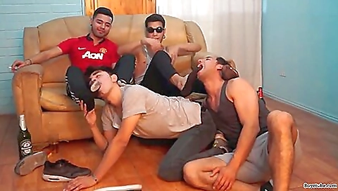 Buxom brunette freaks out on a hot group fuck video