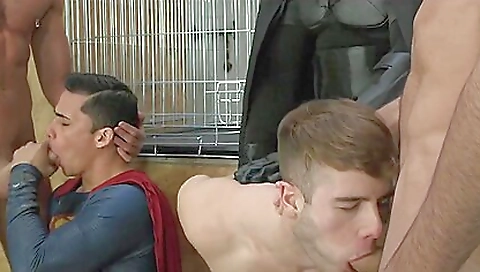 Sexy group sex with two super hot heroes and one sexy uniform whore