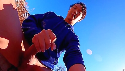 A brunette twinks getting fucked outside in public area